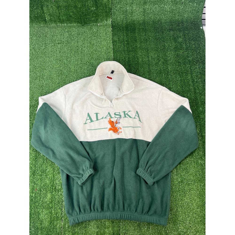 Zaful Mens Alaska Eagle Quarter Zip Fleece Pullover Green Cream Colorblock L